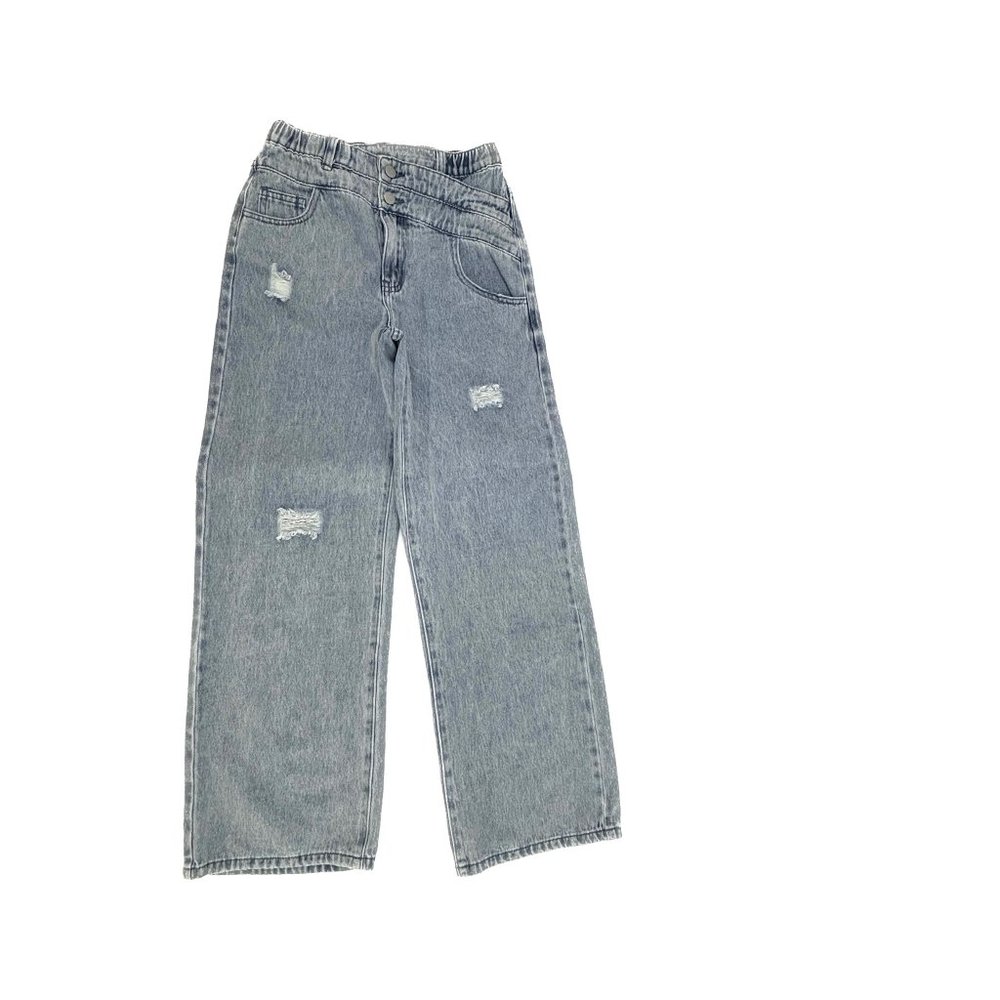 Shein Teen Distressed Baggy Elastic Waist Off Center Size 12Y 13Y Blue Jeans
